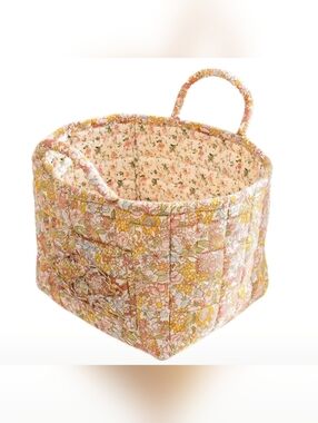 Floral Quilted Storage Basket in Pink & Yellow 13 Inches Wide 11 Inches Deep